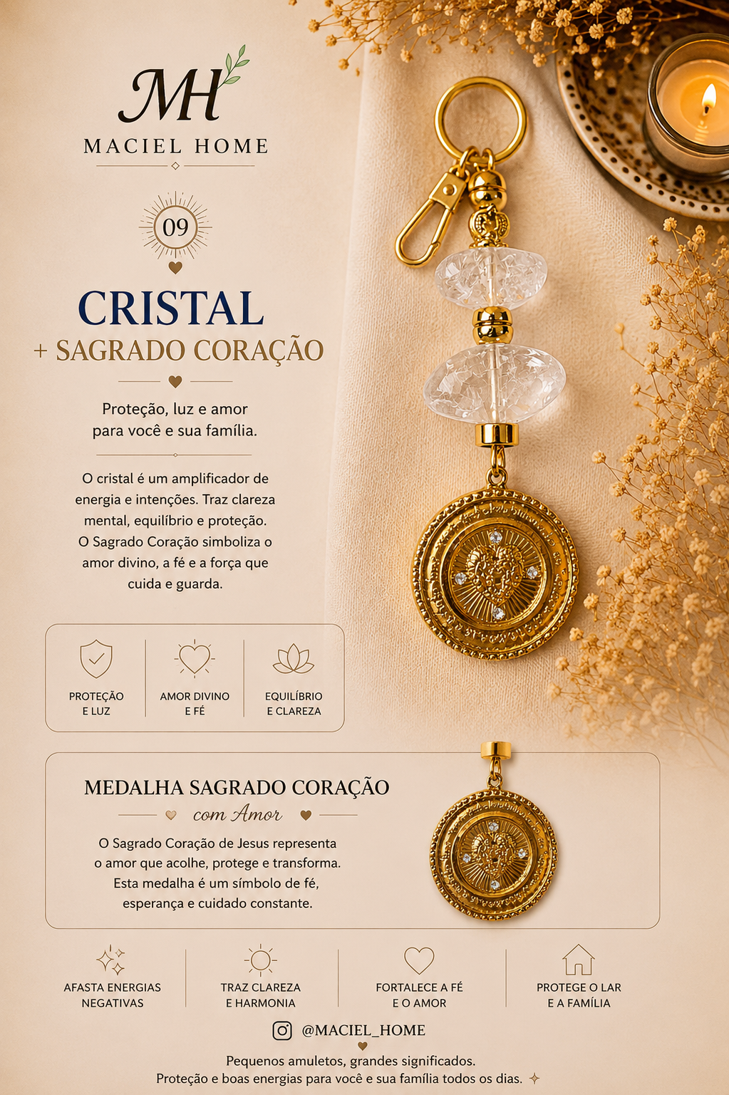 Amuleto de Proteção com Cristal e Sagrado Coração - Chaveiro
