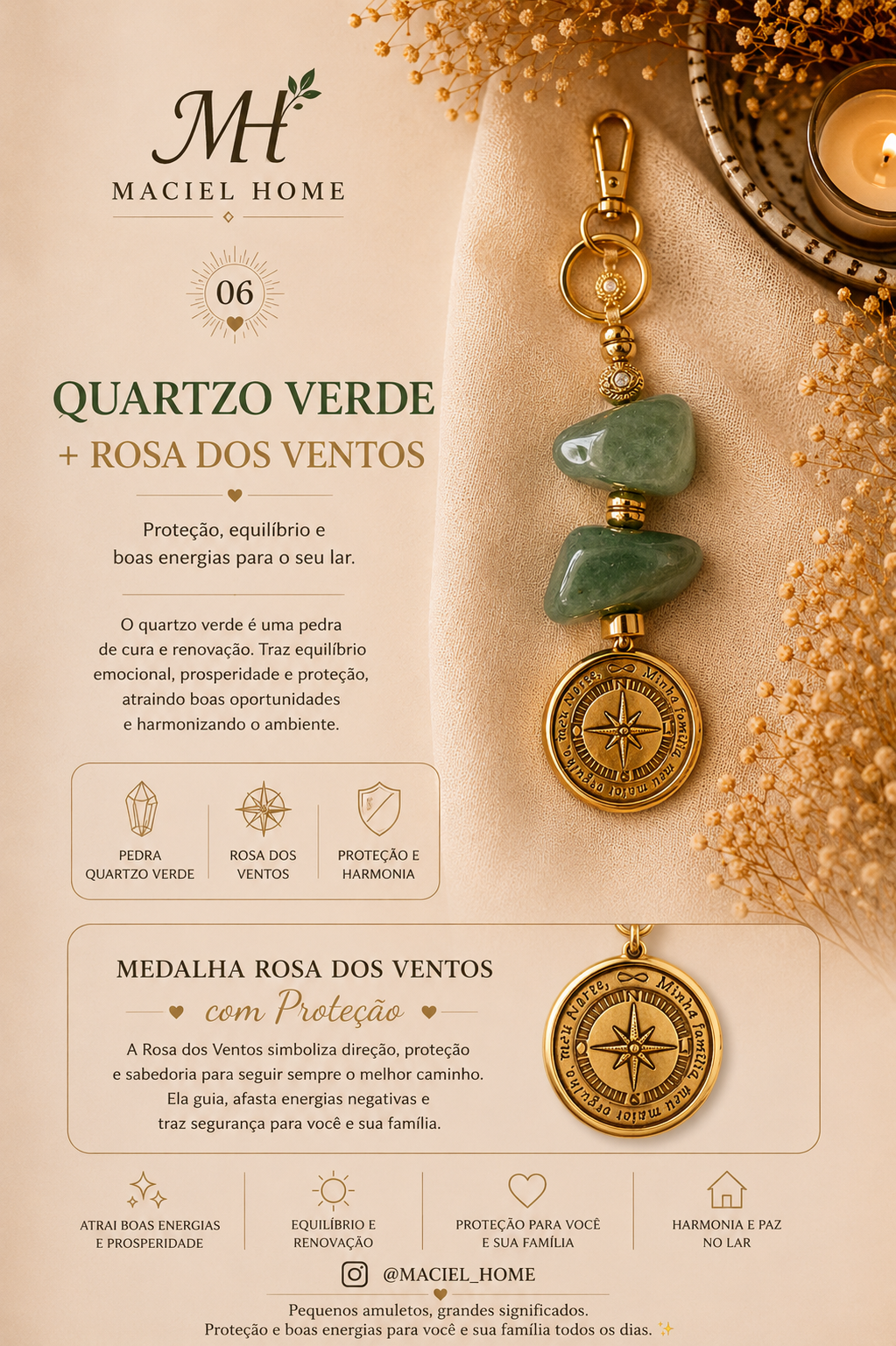 Amuleto de Proteção Quartzo Verde Com Rosa Dos Ventos - Chaveiro