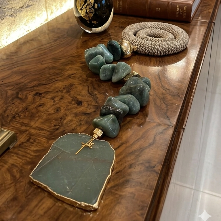 Colar de Mesa Fialho com pedras naturais - Quartzo verde com Macrame.