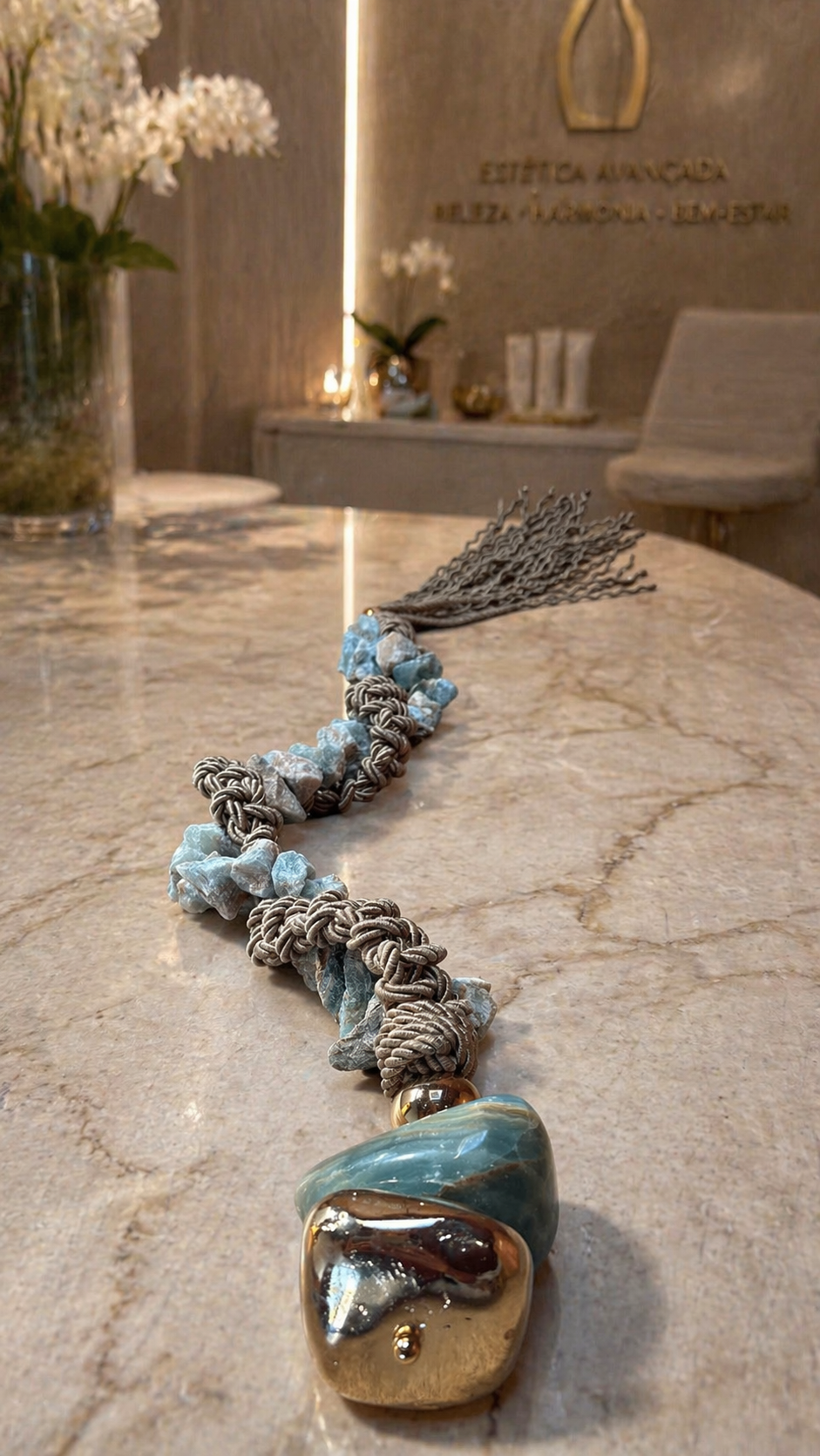 Colar de Mesa Manoela - Trançado com Macrame e Ônix Azul