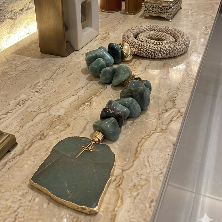 Colar de Mesa Fialho com pedras naturais - Quartzo verde com Macrame.