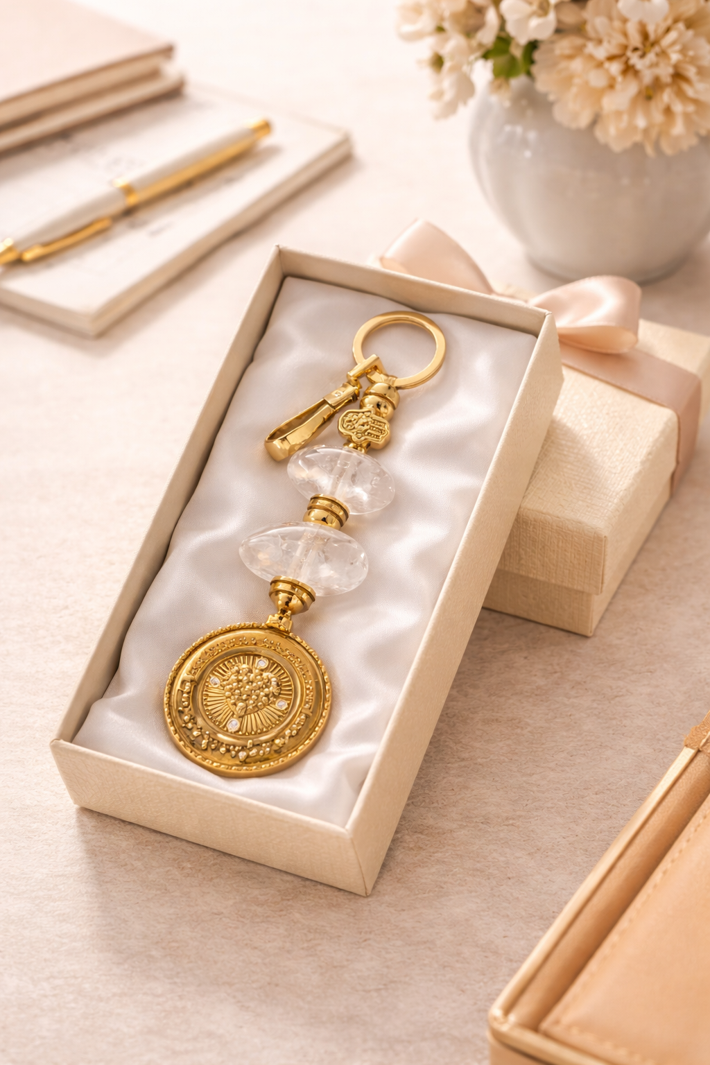Amuleto de Proteção com Cristal e Sagrado Coração - Chaveiro